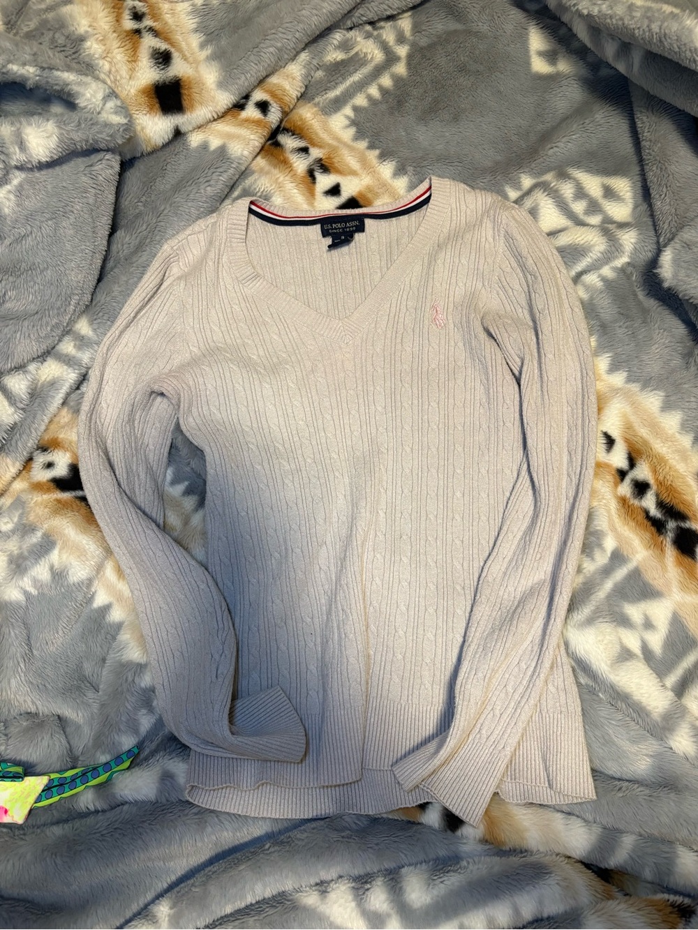U.S. Polo Assn. Ribbed V-Neck Sweater in Light Beige with Navy Trim